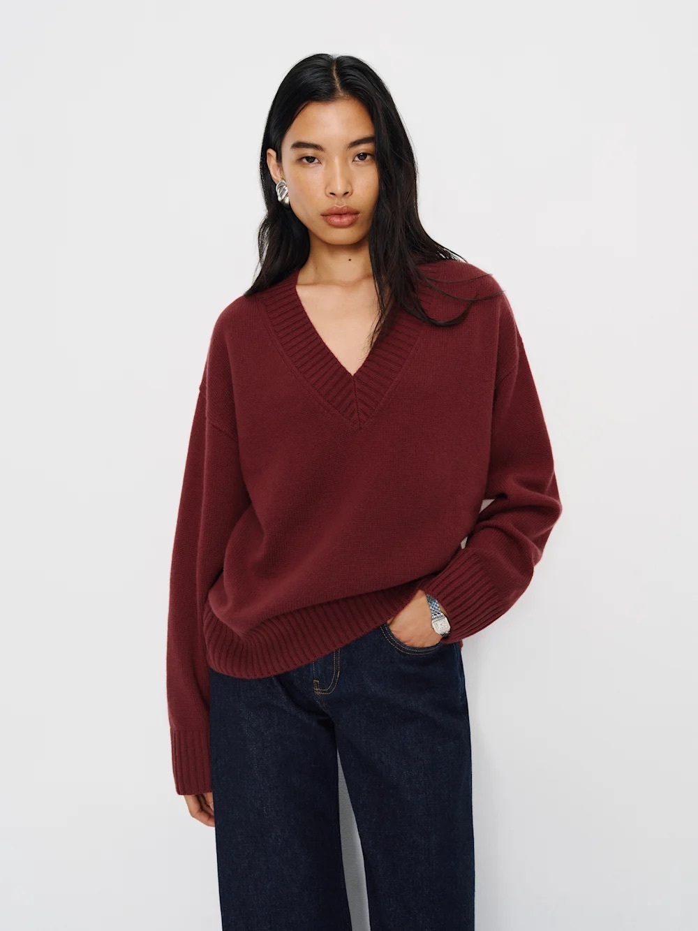 Reformation Jadey V-Neck Sweater in Chianti - Size Small